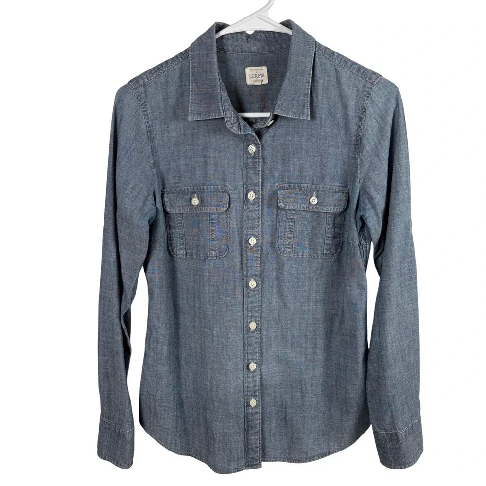 J. Crew Perfect Shirt Women's XS Blue Chambray Denim Cotton Button Down Utility